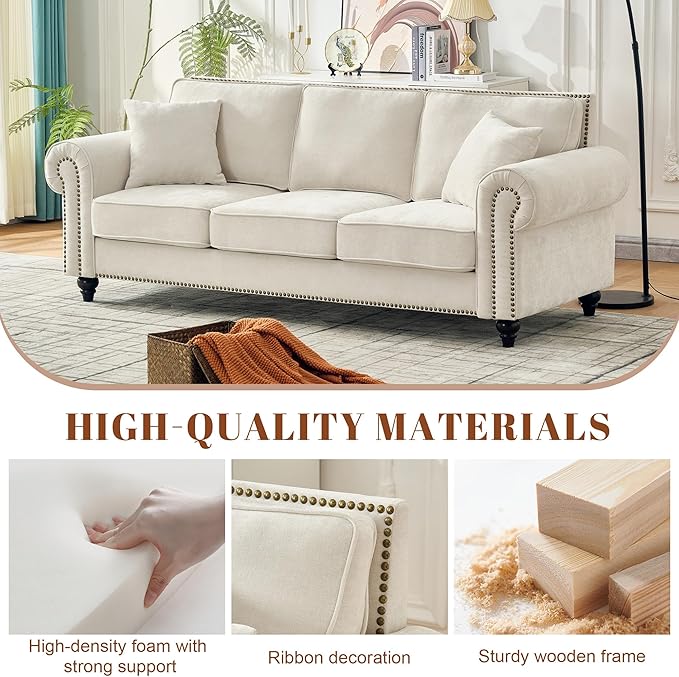 TTK 86 Modern 3-Seater Sofa with Rolled Arms Chenille Upholstered Couch with Sturdy Wood Legs and Elegant Nailhead Trim Comfortable Living Room or Apartment Sofa for Small and Large Spaces Beige