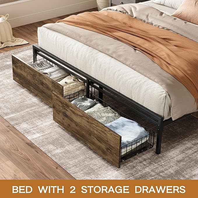 Queen Bed Frame with Storage Drawers and Charging Station Upholstered Headboard Metal Platform Bed with USB Ports No Box Spring Needed Easy Assembly Dark Brown