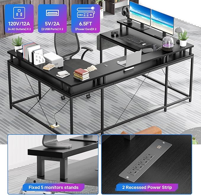 Jojoka U Shaped Computer Gaming Desk Reversible L Shaped Desk with Power Outlets LED Strip &amp Monitor Stand Large Corner Desk with Storage Shelves for Home Office Black