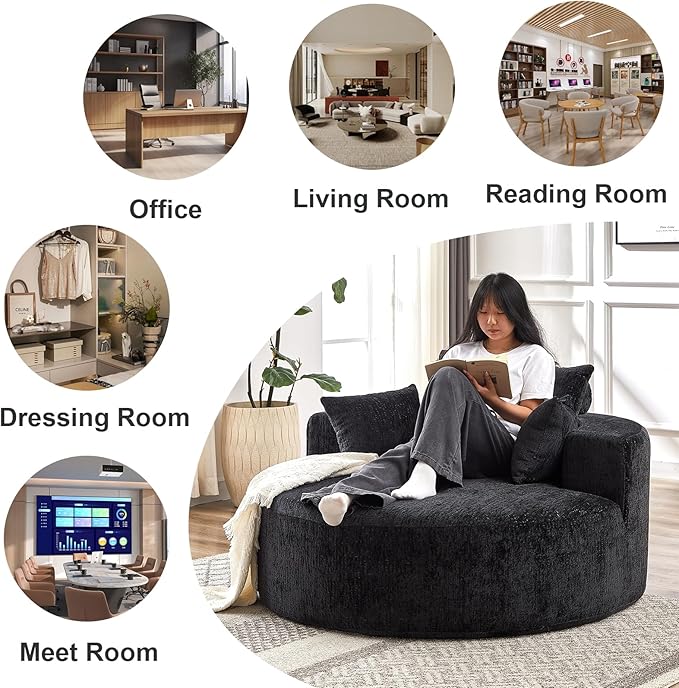 55''L Chenille Sponge Single SofaOversized Round ChairFluffy Modern Sleeper Chair for Living Room Lounge and Projection RoomWide Armrest Lounge Chairs Armchair with Pillow Black