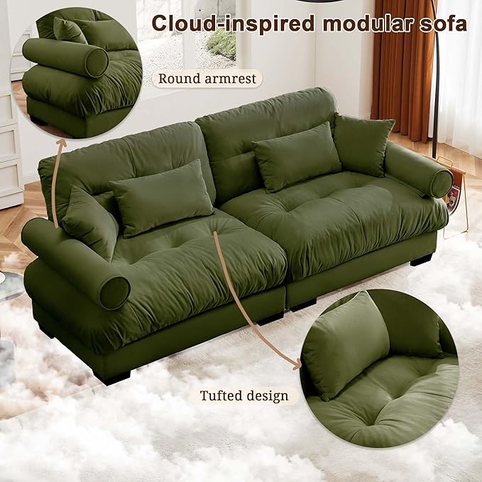 Velvet Loveseat Sofa93.7 W Oversized Fluffy Tufted 2-Seat Cloud Couch with 25.6 Seat DepthComfy Modern Deep Seat Sofa with Bolster Armrest PillowsGreen