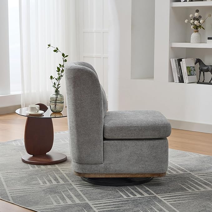 Modern Swivel Accent Chair 25.2 Wide Chenille Upholstered Armless Sofa Chair with Pillow 360° Swivel Reading Chair with Metal Base for Living Room Family Room Bedroom Lounge Area Office Grey