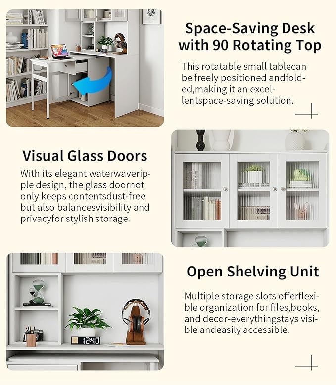 LUMISOL Home Office L Shaped Desk with Hutch &amp Bookshelf Computer Desk with 90 Degree Rotating Desktop Multi-Functional Woking Table with Storage Drawers for Study Room Office Living Room White