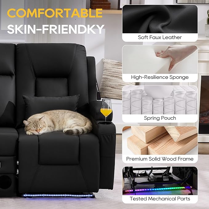 IPKIG Power Recliner Loveseat with Console Zero Wall Hugger Sofa Couch Faux Leather 2-Seater Sofa with LED Lights AC Outlets USB Ports Cup Holders Charcoal Black | Storage Drawer Bluetooth Spea
