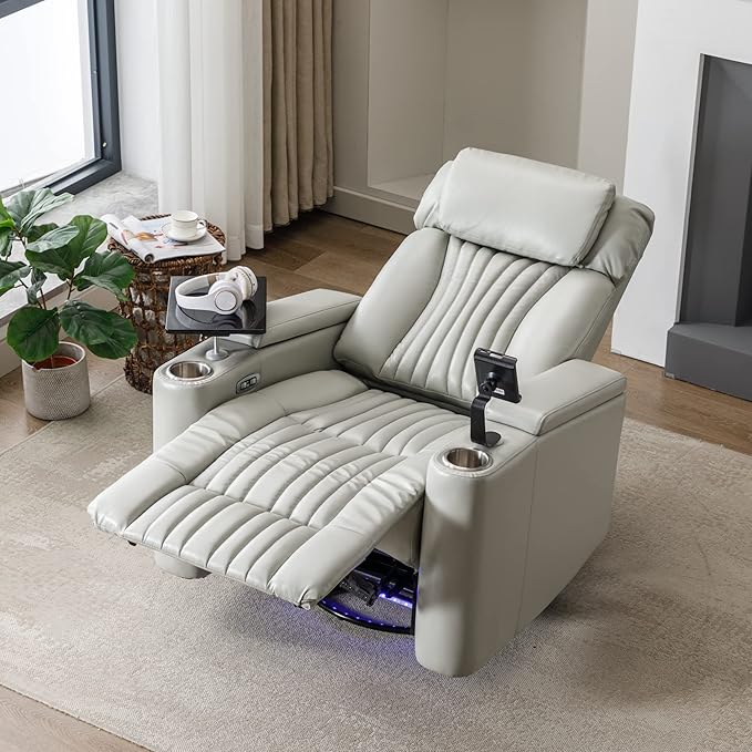 Recliner Chair 270° Power Swivel Recliner Chair with 360° Swivel Tray Table and Cell Phone Holder Cup Holder Home Theater Seating with Hidden Arm Storage Soft Living Room Chair (Gray/27)