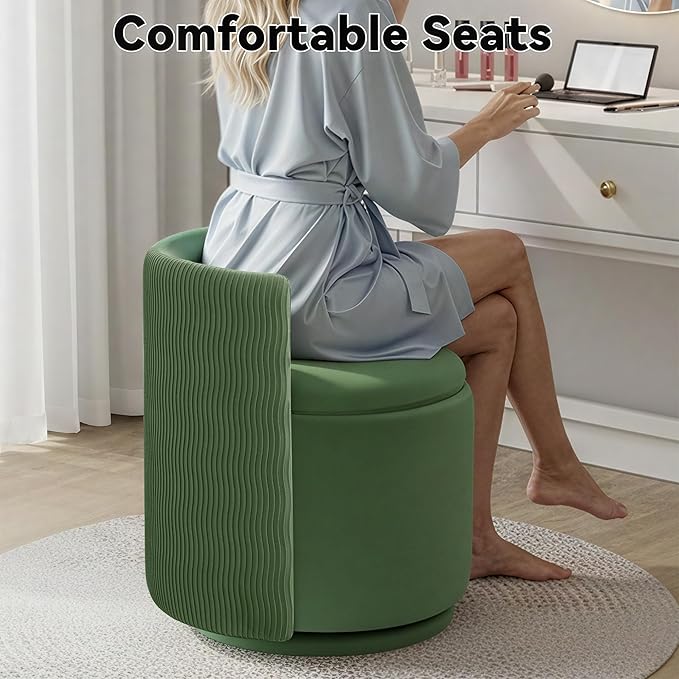360° Swivel Velvet Vanity Chair with Storage Barrel Makeup Chair with Wave Back No Assembly Vanity Stool Small Accent Chair for Living Room Green