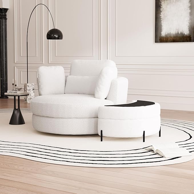 Aoiy &amp Wifon 50.2'' W Oversized Swivel Barrel Chair with Storage Ottoman Ivory Round Accent Chair with Half Moon Ottoman for Living Room Deep Seat &amp Extra Wide Sherpa