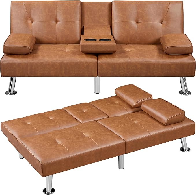 Yaheetech Convertible Sofa Bed Adjustable Couch Sleeper Modern Faux Leather Home Recliner Reversible Loveseat Folding Daybed Guest Bed Removable Armrests Cup Holders 3 Angles 772lb Capacity Brown