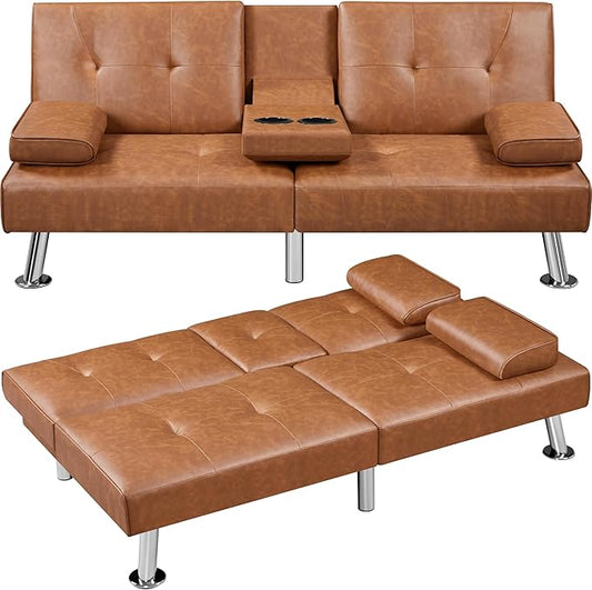 Yaheetech Convertible Sofa Bed Adjustable Couch Sleeper Modern Faux Leather Home Recliner Reversible Loveseat Folding Daybed Guest Bed Removable Armrests Cup Holders 3 Angles 772lb Capacity Brown