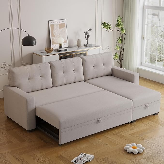 82 L-Shape Convertible Sleeper Sectional Sofa with Storage Chaise and Pull-Out BedUpholstered Reversible Corner 3 Seater Couch with Button Tufted Backrest &amp Armrestfor Living RoomBeige