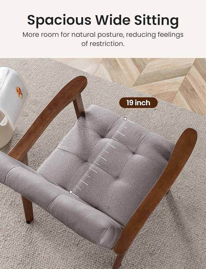 Mid Century Modern Accent Chairs for Living Room Comfy Bedroom Chairs for AdultsSmall Wide Reading Nook Arm Chair 105° Ergonomic Cozy Grey Linen Armchair with Rubber Wood