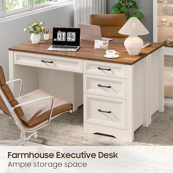 Vabches Farmhouse Executive Desk with Storage and Ample File Drawer Rustic Large Home Writing Desk for Bedroom White