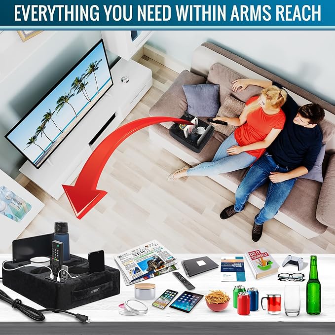 Couch Cup Holder &amp Organizer with USB Charging Ports – Sofa Caddy for Drinks Remotes Snacks &amp More – Perfect Couch Accessory with Anti-Slip Design