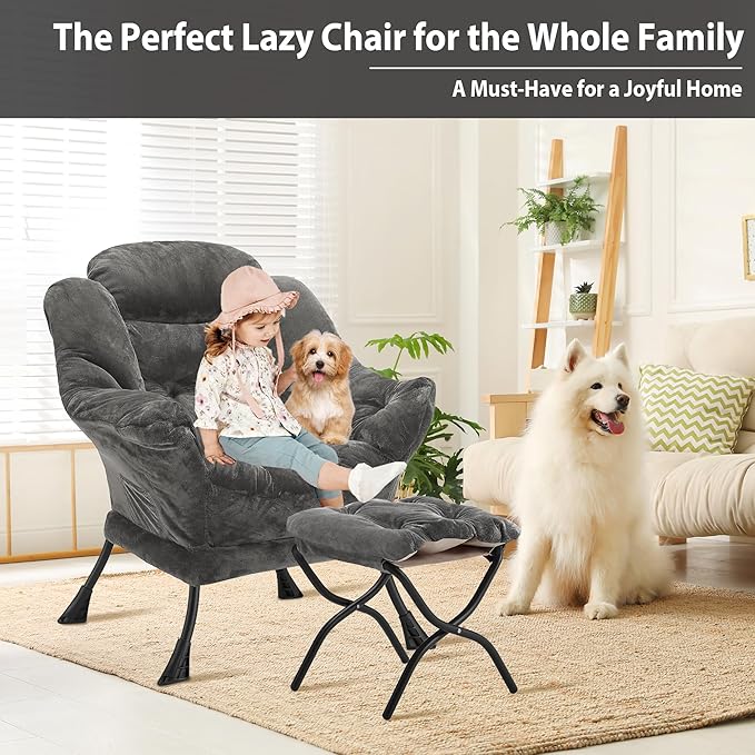 Lazy Chair with Folding Ottoman Accent Chair Plush Upholstered with Metal Structure and Non-Slip Pads Sofa Armchair with Footrest and Side Storage Bag for Dorm Room Office Dark Gray