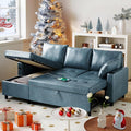 Sleeper Sofa Couch with Pullout Bed 83.5 L-Shaped Convertible Sofa with Storage Chaise USB Ports &amp Cup Holders Faux Leather Sectional for Living Room Dark Blue
