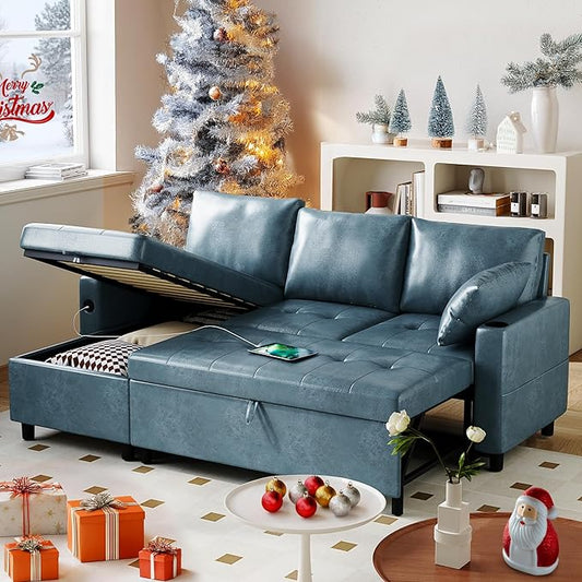 Sleeper Sofa Couch with Pullout Bed 83.5 L-Shaped Convertible Sofa with Storage Chaise USB Ports &amp Cup Holders Faux Leather Sectional for Living Room Dark Blue