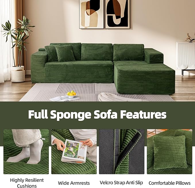 HOMREST 106 Modular Cloud Sectional Sofa with Deep Seats &amp Chaise No-Assembly L-Shape Couch for Living Room Plush Corduroy Fabric Green Oversized Comfortable Seating