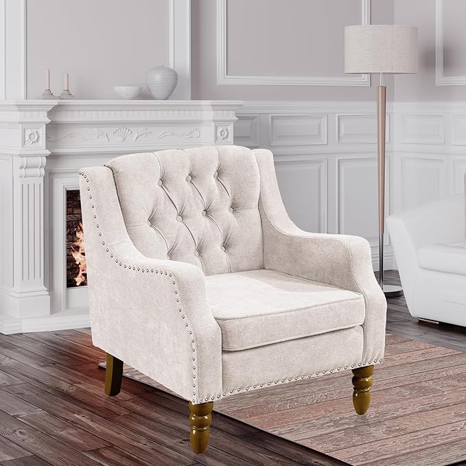 Linen Accent ChairsUpholstered Button Tufted Living Room ChairMid Century Armchair Sofa ChairsComfy Reading Chair for BedroomLiving RoomStudy (Beige 2)