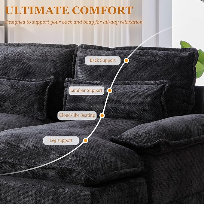 126 Modular Sectional Sofa with Storage Console Cloud Couch Chenille U-Shaped Sofa Cup Holders &amp Wireless Charger Memory Foam Double Chaise for Living Room Office Black