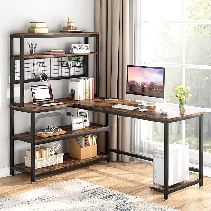 LITTLE TREE L-Shaped Computer Desk 55 Inch Reversible Office Desk Study Writing Table with Wireless Charging and Bookshelf for Home Office Brown