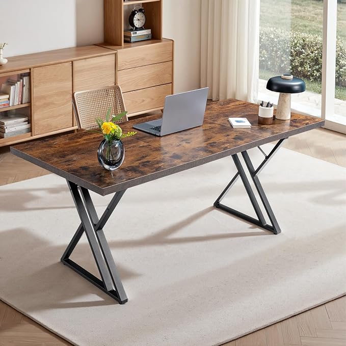70.9Inch Office Desk Executive Office DeskModern Industrial Style Z-Shaped Table Legs Country Black Wood Grain Top for Home Office Study Conference (Iron Wood)