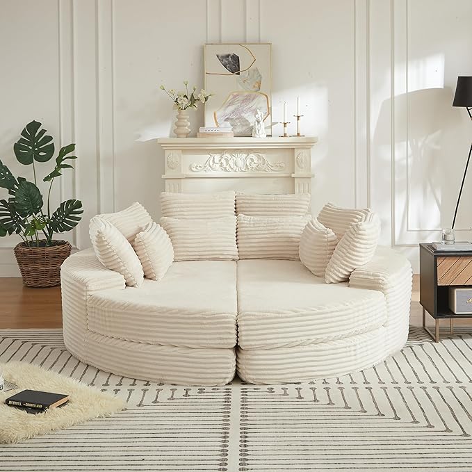 78.5 Oversized Round Chaise LoungeModular Convertible 2-in-1 Sofa Bed Upholstered CorduroyBoneless Plush Couches with PillowNo Assembly RequiredBeige