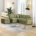 Linen L-shape Reversible Sleeper Sectional Sofa Couch with Storage Ottoman 2 in 1 Pull Out Convertible Sofa Bed with Cup Holders and USB Charging Port for Living Room Apartment Office (Green-LI)