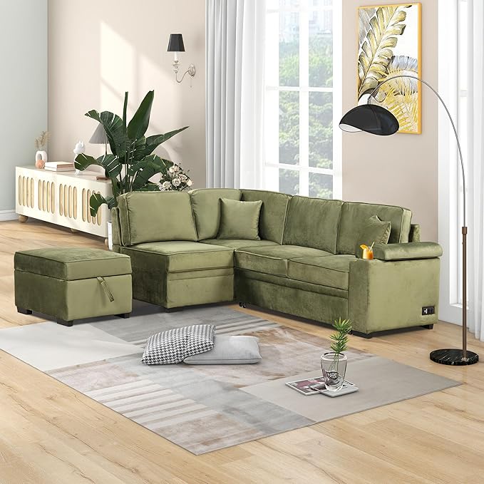 Merax Sofa Bed Sleeper Couch L Shaped Sofa with Storage Ottoman and Cup Holder L-Shape Sectional Couch with Comfortable Backrest and Charging Function for Living Room and Small Apartment (Green)