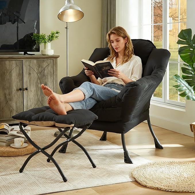 HollyHOME Lazy Chair with Foldable Ottoman Accent Comfy Lounge Armchair and Folding Footrest Stool Leisure Sofa Reading Chair and Footstool for Living Room Bedroom DormPeachskin Fabric Black