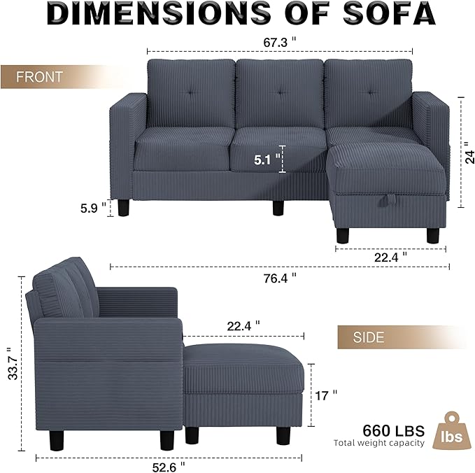 JAMFLY Convertible L-Shaped Sectional Sofa with Reversible Storage Ottoman 3-Seat Couch with Side Pockets Modern Compact Furniture for Small Apartments Studios &amp Lofts Grey
