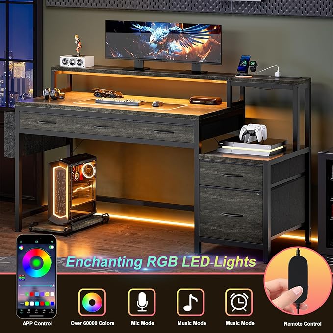 REAHOME 61 Inch Gaming Desk with Charging Station and LED Lights Reversible Computer Desk with Storage Drawer and Monitor Stand Modern Desk Table with File Cabinet &amp Side Pocket Grey Oak