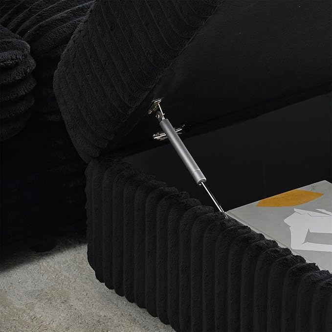 82 Inches Corduroy Square Arms Loveseat Sofa with One Storage Ottoman Comfy Deep Seat Modular Sectional Futon Couch with 4 Throw Pillows for Living Room Bedroom Office (Black)
