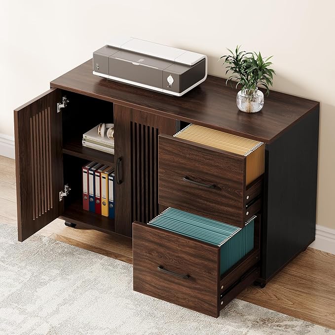 Tribesigns 63-Inch L-Shaped Desk Modern Executive Desk with Mobile File Cabinet Large Office Desk with Door Storage Cabinet and Drawer Business Furniture for Home Office Dark Walnut &amp Black