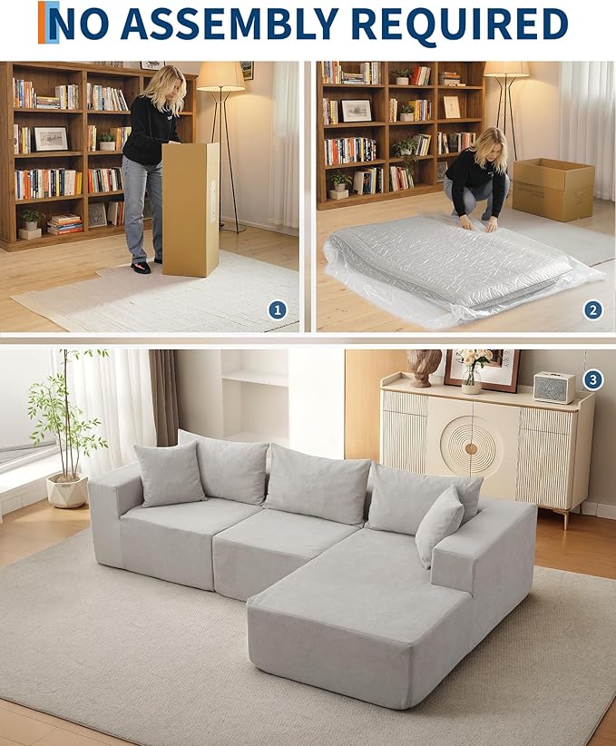 GarveeLife 108” Modular Sectional Sofa Cloud Sectional Couch with L-Shape Chaise Modern Modular Deep Seat Sofa Couch Upholstered Boneless Couches for Living Room Bedroom Right Facing Chaise Beige