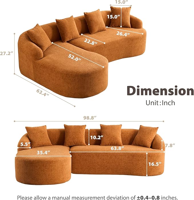 DEINPPA L Shape Modular Couch 3-Seater Chenille Comfy Couch with Throw Pillows Modern Cloud Sofa for Living Room Apartment-Orange