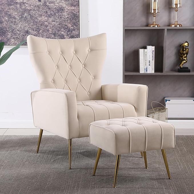Velvet Accent Chair with OttomanUpholstered Tufted Wingback Arm Chair Modern Decorative Chairs with Gold Metal Legs for Bedroom Living Room (White1 Chair)