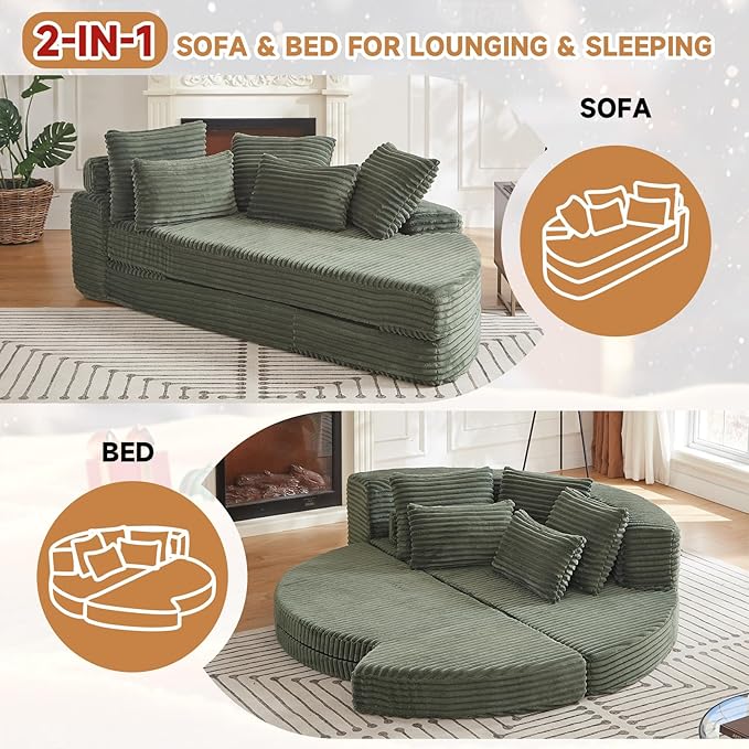 Curved Convertible Futon Sleeper Sofa Bed 78.5 Boneless Couch with Pull-Out Bed Corduroy Semi-Circular Foldable Floor Mattress for Living Room No Assembly Required Right Curved Green