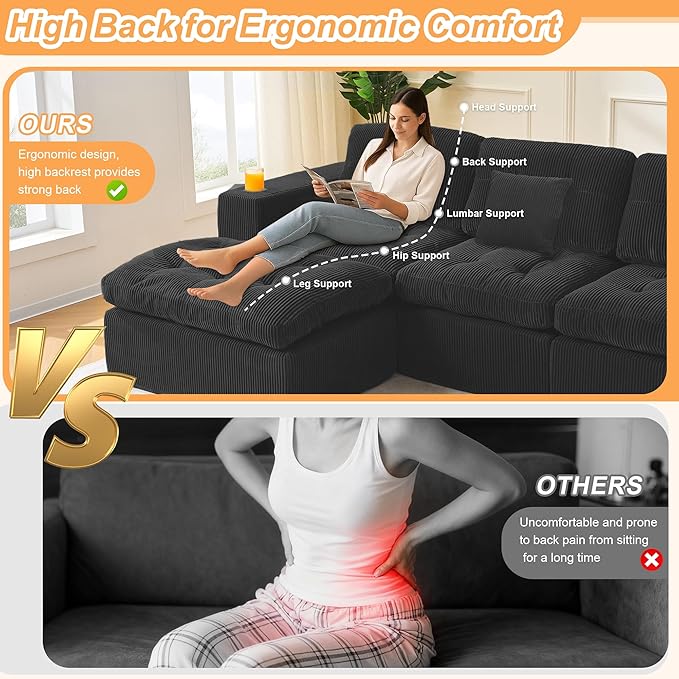 105 L Shaped Modular Sectional Sofa with OttomanCloud Boneless Couches for Living RoomCorduroy Comfy Couch with Chaise and Cup Holder Upholstered Sofa in A Box No AssemblyBlack