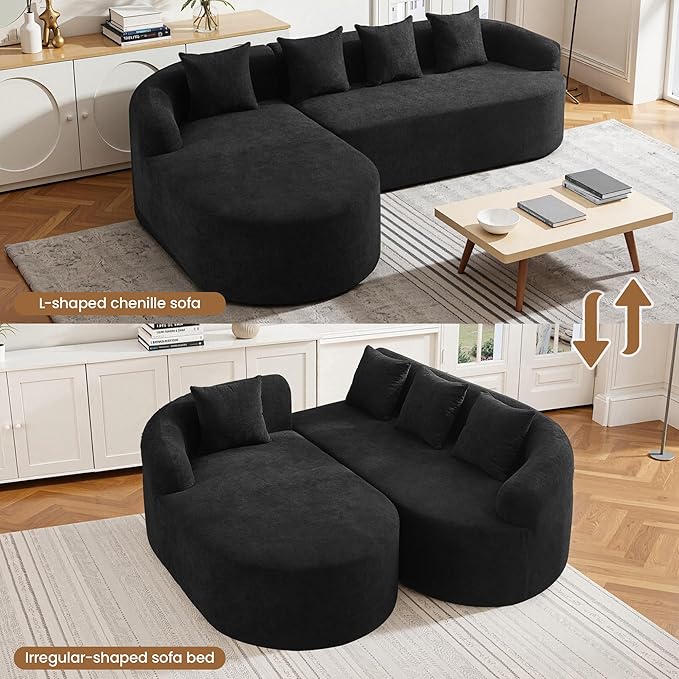 105 Boneless L Shaped Sectional Couch Curved Cloud Deep Seat Sofa with Chaise Lounge Oversized 4 Seater Couches for Living Room No Assembly Chenille Black