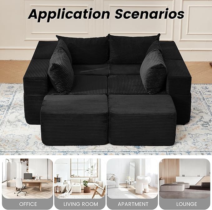 HOMREST 131 Cloud Couch Sectional U Shaped Modern Sofa with 2 Ottomans Comfy Corduroy Fabric Modular Sectional Sofa in a Box Boneless Couches for Living Room No Assembly Required (Black)