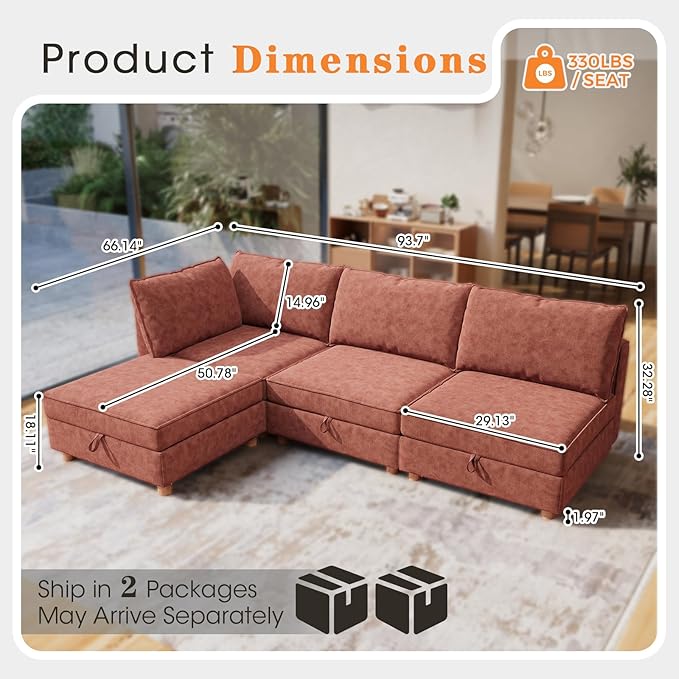 94 4 Seat Modular Sectional Sofa Removable Washable Couch Modular Sectional Sofa with Storage Solid Wood Frame L Shaped with Ottoman Couches for Living Room Office Apartment Brick Red