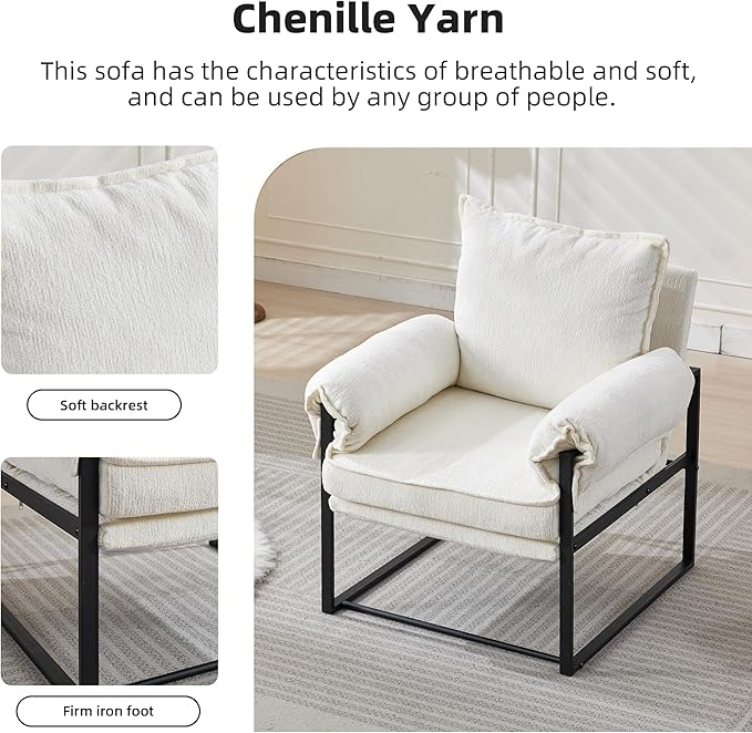 YITAI Modern Fabric Accent Chair with Adjustable Backrest for Living Room Comfy Reclining Chair for Lounge for Reading Upholstered Chair with Metal Legs2PC(White)