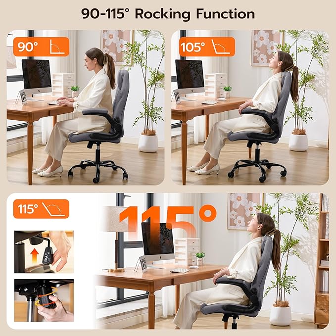 Office Desk Chair Ergonomic Computer Chair with Padded Flip-Up Arms and Adjustable Lumbar Support PU Leather Executive Chair with Tilt Lock and 360° Swivel Rolling Wheels for Work Study