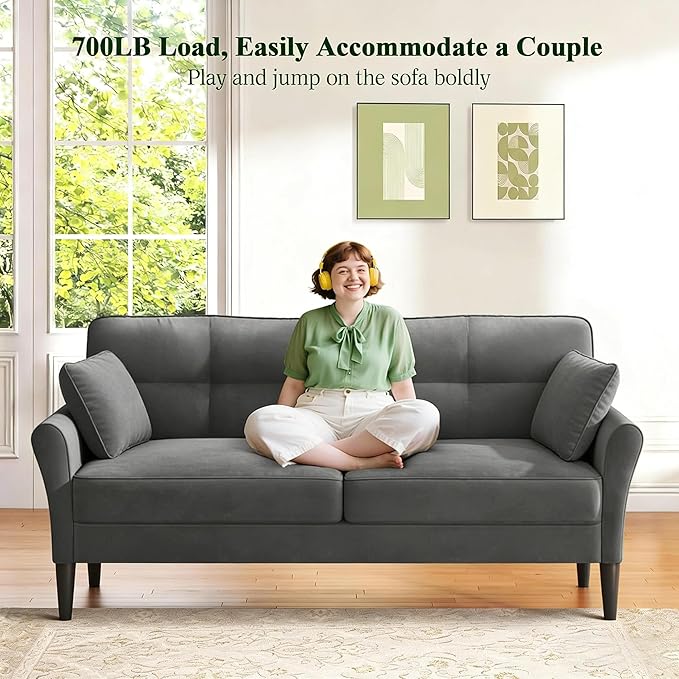 Loveseat Sofa 69 Love Seat Couches Comfy Velvet Small Sofa Couch for Bedroom with 2 Pillows Tool-Free Setup Sofas &amp Couches 700lb Load Sofas for Living Room Mini Couch for Bedroom Grey Couc