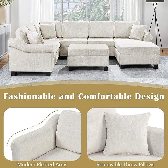 P PURLOVE Sectional Sofa Velvet Large Sectional Sofa with Right Side Chaise Wide Chaise Lounge Couch with Ottoman for Living Room (White)