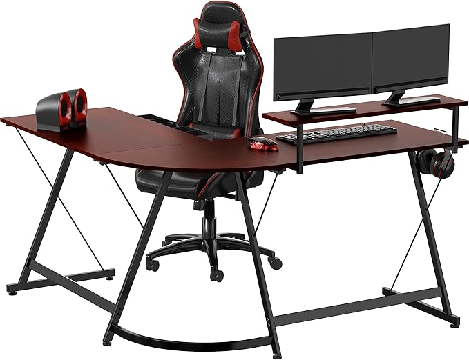 SHW 51 x 51 Inches Vista L-Shaped Desk with Monitor Stand and Drawer Cherry