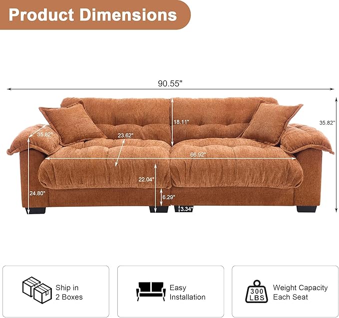 90.55 Oversized Loveseat Couch for Bedroom Cloud Couch Small Couches for Small Spaces 2 Seater Deep Loveseat Burnt Orange Modern Sleeper Sofa Orange