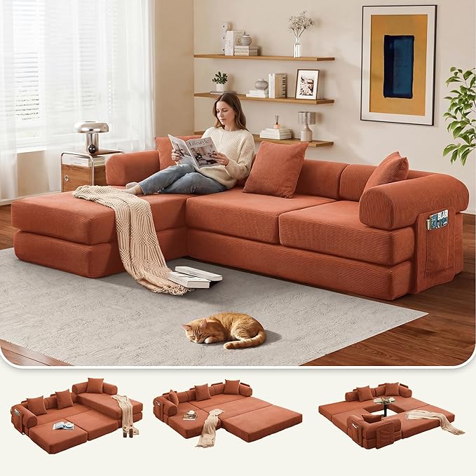 L Shaped Modular Sofa Bed with Cylindrical Pillow &amp Reversible Chaise Corduroy Folding Floor Convertible Sofa Couch Bed with Fixed-Shape Frame &amp Storage Pocket for Living Room Orange