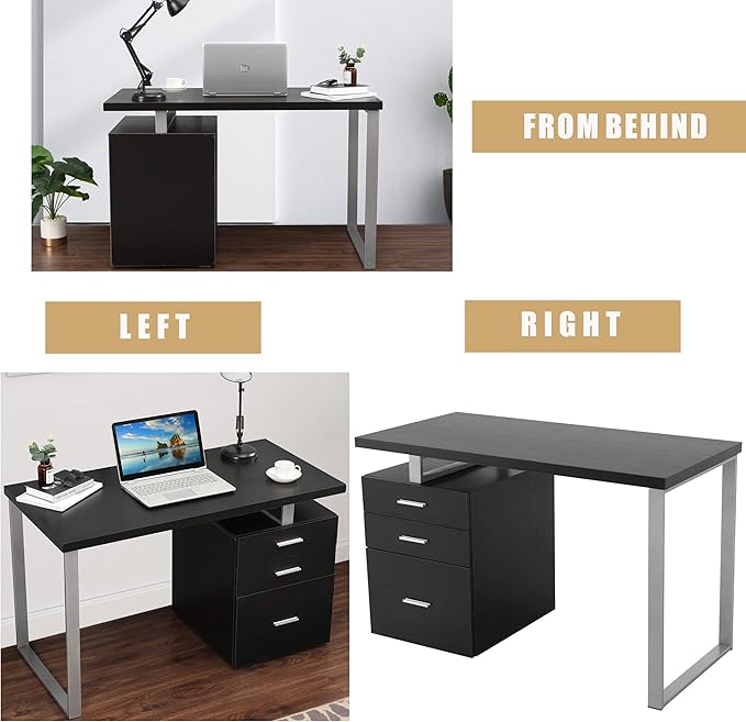 LOKATSE HOME Computer Desk with Drawers File Cabinet-Reversible Set Up Office Writing Study Desks Furniture Silver Metal Frame 47 Cappuccino