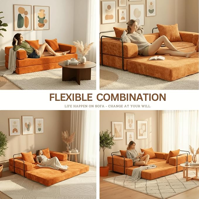 Alpen 77 Convertible Sleeper Sofa Bed with Pillow - Chenille Fabric &amp High-Density Sponge &amp Fixed-Shape Frame Modular Sofa for Living Room/Lounge/Studio Orange